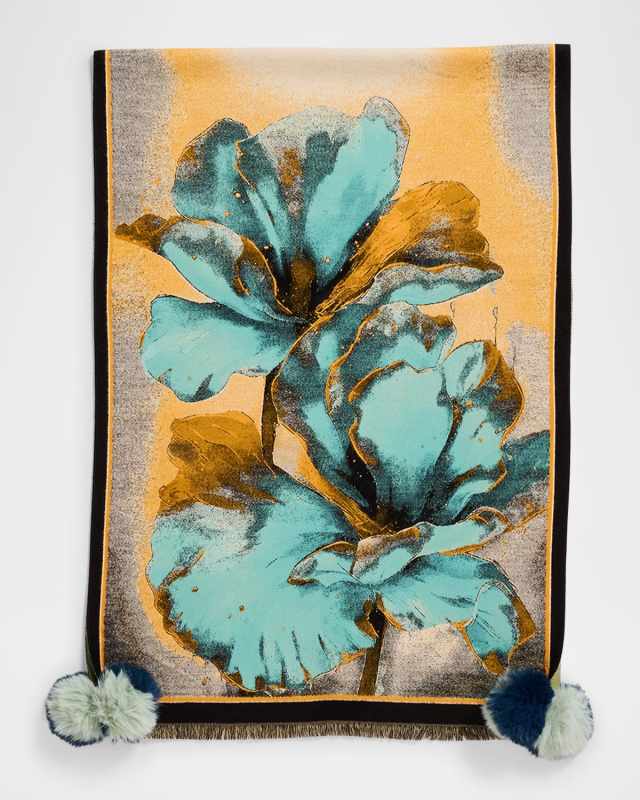 Floral-Print Scarf W/ Faux Fur Poms